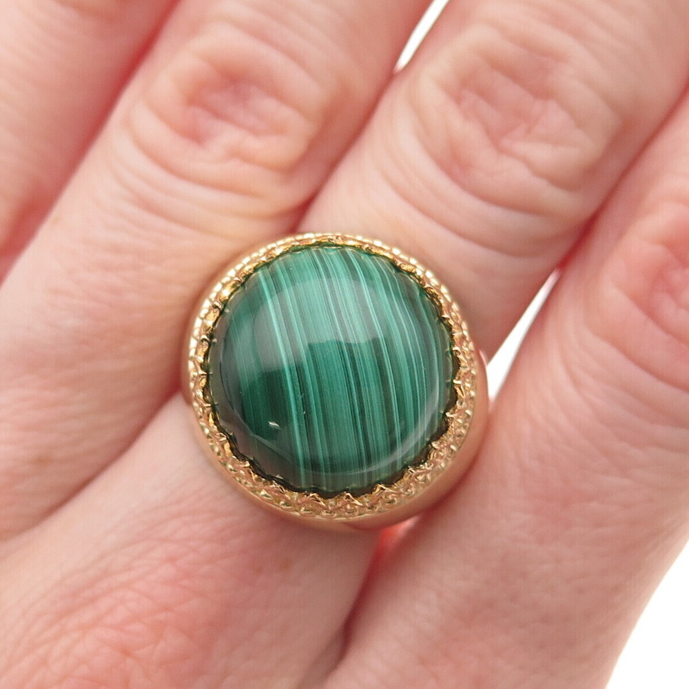 925 Sterling Silver Gold Plated Real Malachite Crown Ring Size 6.25